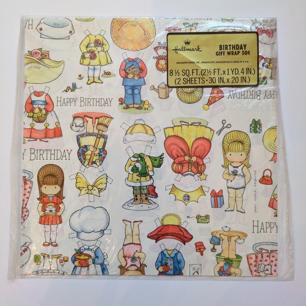 Vintage 70s Hallmark Joan Walsh Anglund Paper Dolls Birthday Wrapping Paper Pink